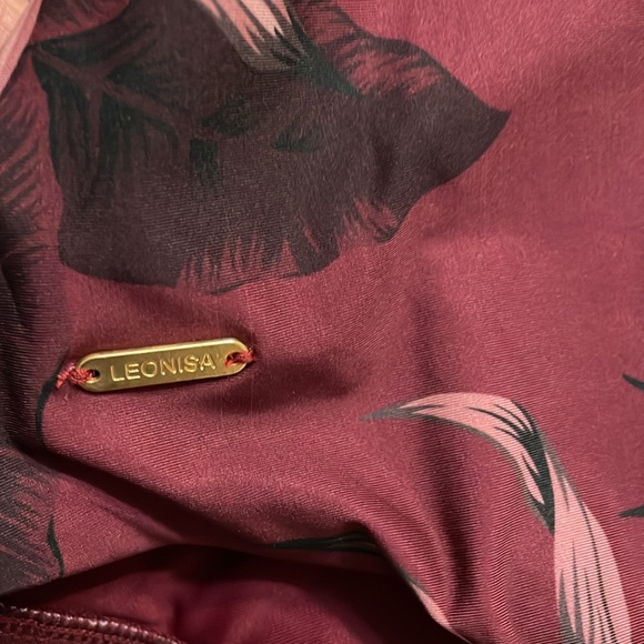 NWT Leonisa Burgundy Floral Deep V Ruffle Shoulder One Piece Swim Suit Sz. Large - Picture 9 of 15